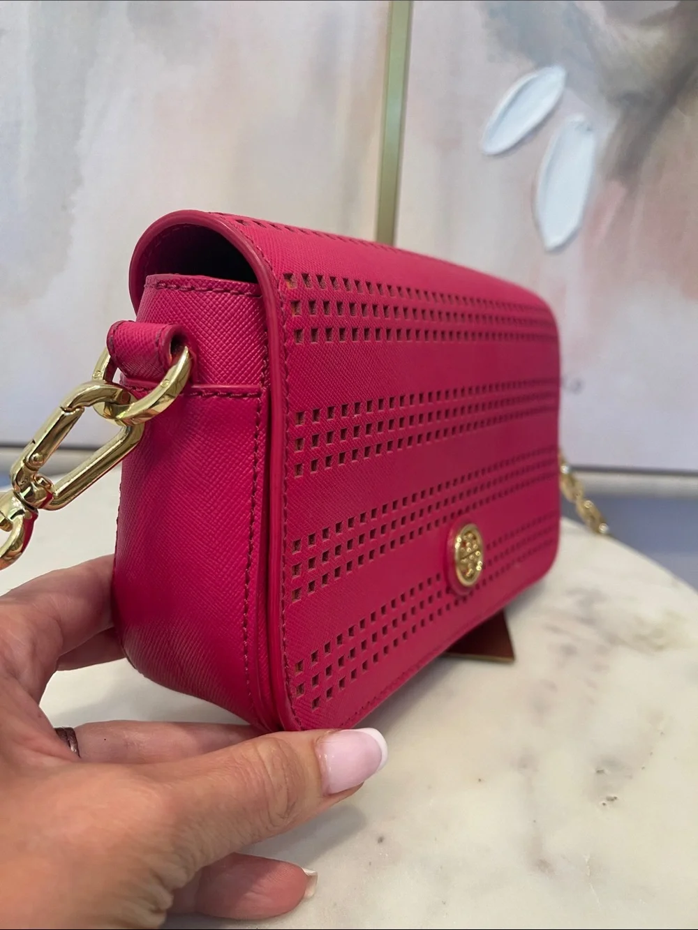 Tory Burch Hot Pink Perforated Leather Crossbody with Gold Hardware
